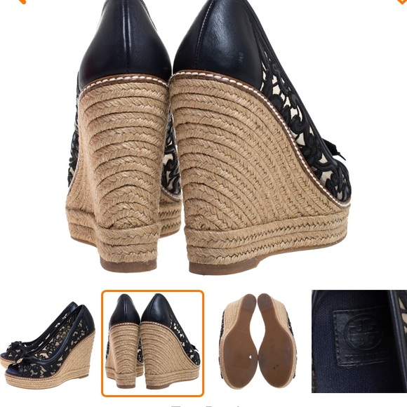 Tory Burch Blue Lucia Lace Leather Jackie Peep Toe - Picture 2 of 8